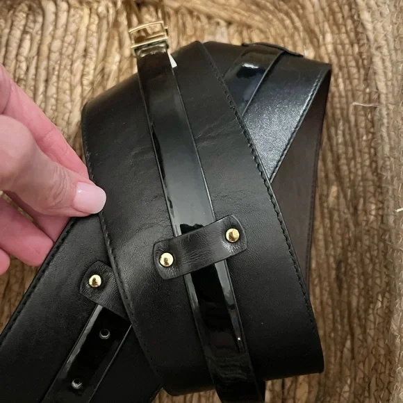 Stylish etcetera Black Leather Belt with Gold Buckle